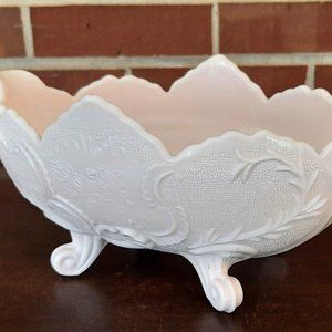 Vintage Mid Century Jeanette Pink Milk Glass Ornate Footed Oval Bowl 1950s